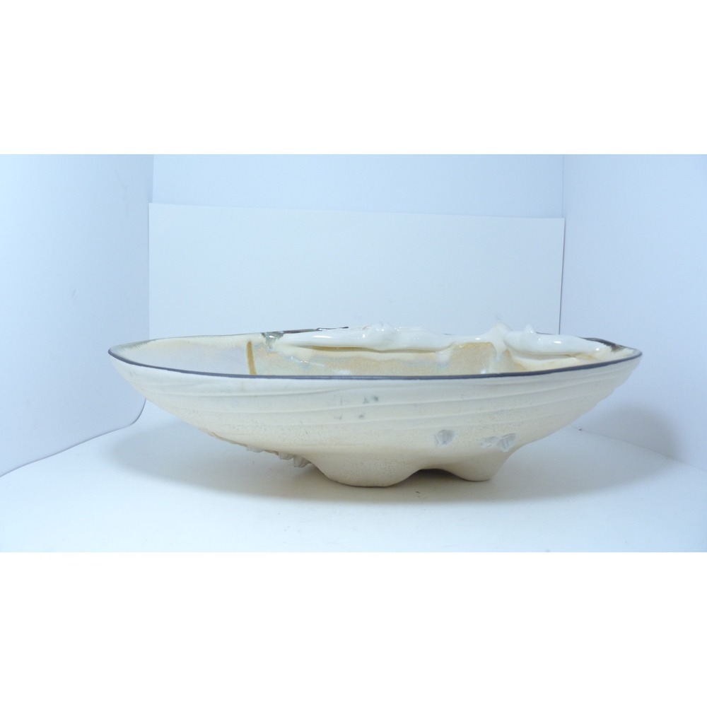 Jan Sell Signed Studio Pottery Clamshell Bowl Starfish Nautical Ceramic 14"